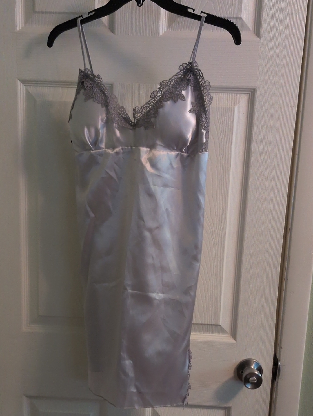 Silver Satin Lace Chemise Slip Dress - Women's Intimates